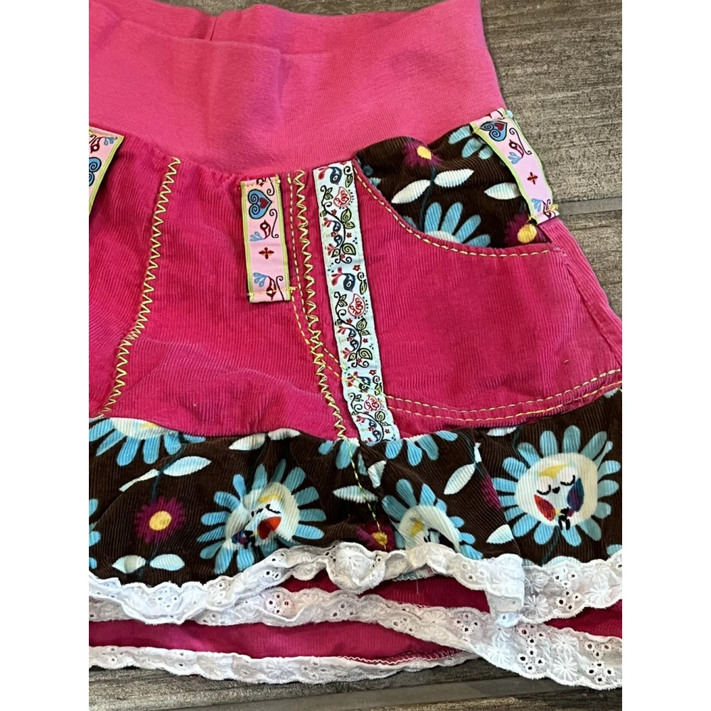 Sarby Ruffle Skirt Tiered Mini Pink Corduroy Brown Floral‎ Applique Girls Size 6